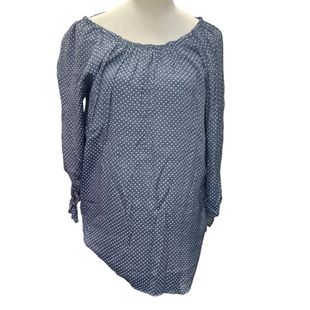 Plus Size Polka Dot Tunic Top 1X Blue White Peasant Blouse Boho